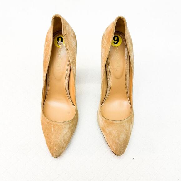Sergio Rossi Suede Leather Beige Pointy Toe Block Heel Pumps Size 9 - Picture 1 of 5